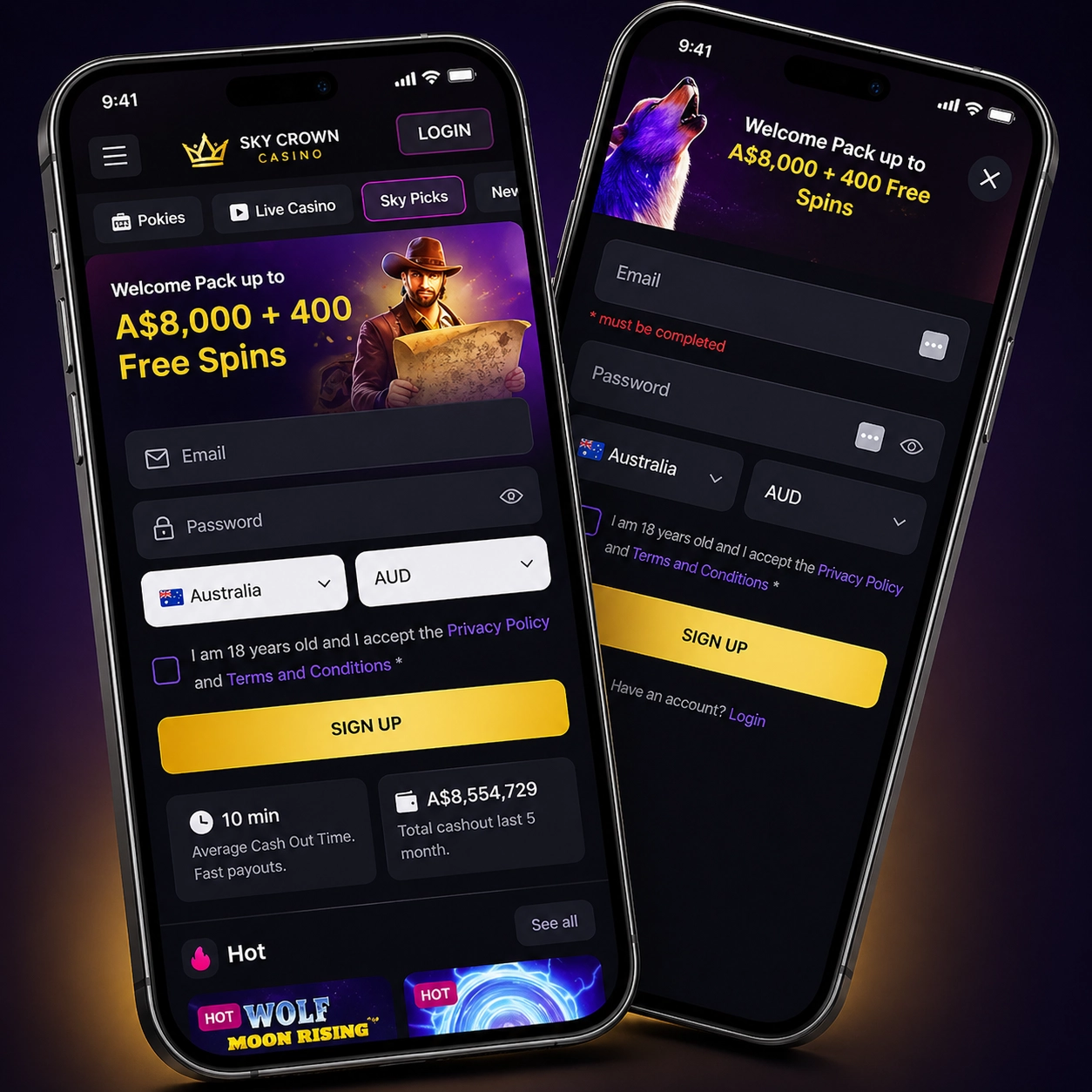 Sky Crown Online Casino mobile app login screen